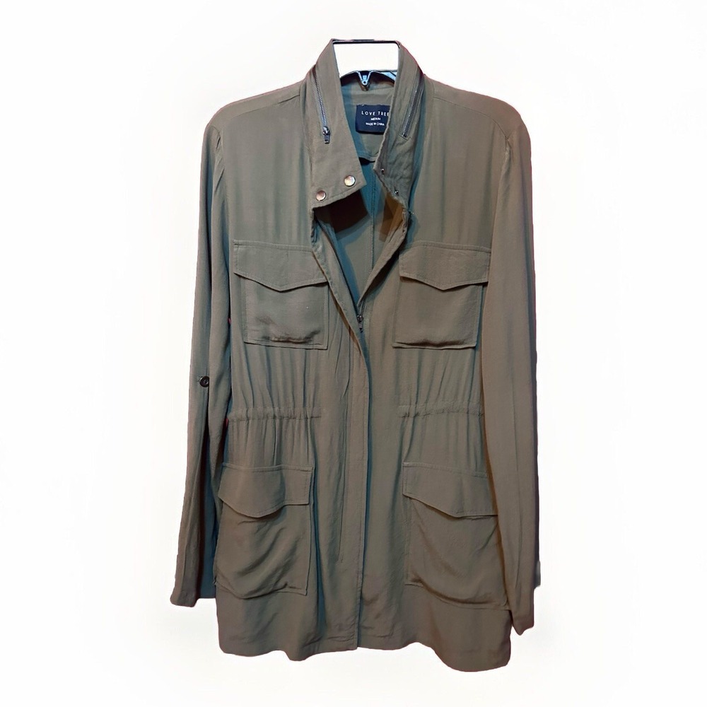 Love Tree Jacket Army Green Drawstring Waist Size Medium Pockets Full Zip Light